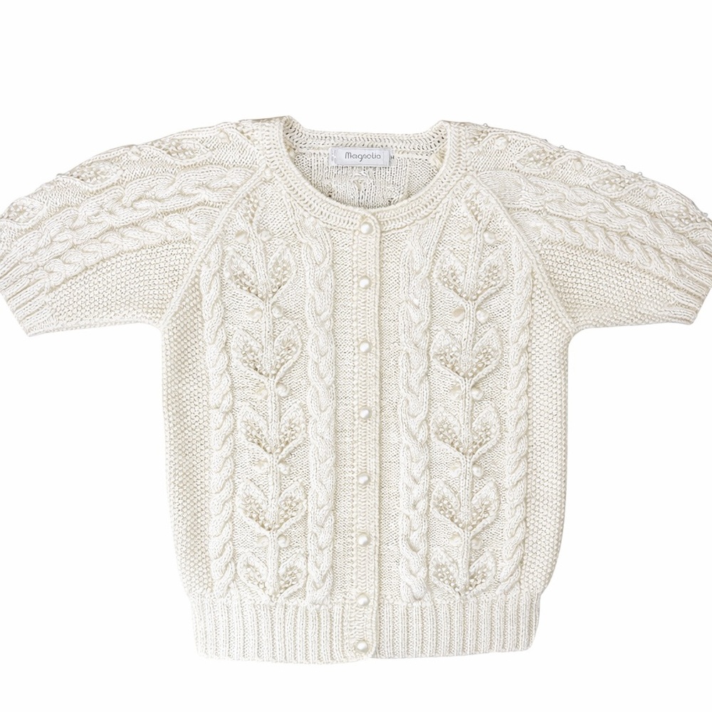 Vintage Pearl-Button Cream Cable Knit Short Sleeve Cardigan - Picture 2 of 10